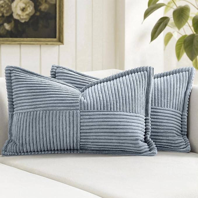 MIULEE Decorative Lumbar Throw Pillow Covers for Couch Bed Livingroom 12x20 Inch Set of 2 Dustyblue Boho Accent Throw Pllows Broadside Striped Patchwork Soft Corduroy Pillowcases by MIULEE