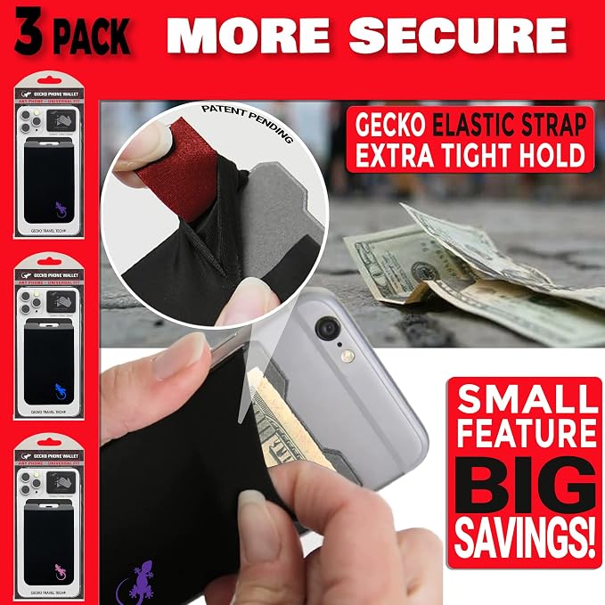 Phone Wallet - Adhesive Card Holder - Cell Phone Pouch - Stick on Lycra Pocket by Gecko - Carry Credit Cards and Cash - Image 7