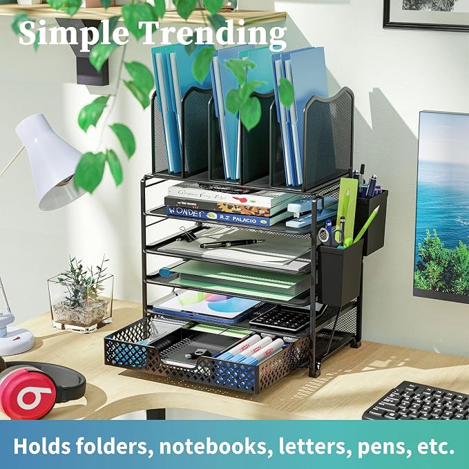 Simple Trending 5 Tier Mesh Desk File Organizer, Paper Letter Tray File Holder with Sliding Drawer Organizer for Office Home, Black - Image 7