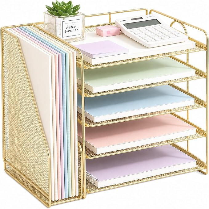 OPNICE Desk Organizer, 5-Tier Paper Organizer Letter Tray with Magazine Holder, Office Desk Accessories & Workspace Organizers, Desktop File Organizer for Office Supplies Storage, Gold by OPNICE
