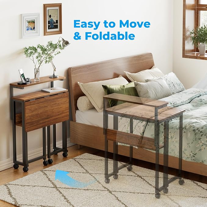 GreenForest Folding Desk with Adjustable Monitor Stand, 24.8 in Small Desk | Storage Shelf, Lockable Wheels, Portable, Space Saving, Mobile Rolling Table for Small Spaces, Home Office, Writing, Walnut - Image 6