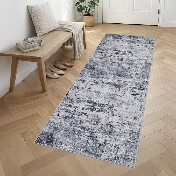 Washable Area Rug 3x10 Entryway Rug: Washable Modern Abstract Soft Thin Rug Indoor Floor No Slip Stain Resistant Carpet for Bedroom Dining Room Farmhouse Nursery Home Office - Grey - Image 3