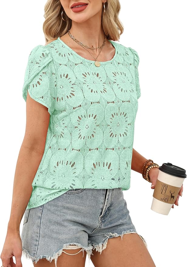 OFEEFAN Blouses for Women Dressy Casual Petal Short Sleeve Shirts Crochet Lace Boho Tops Spring Fashion Summer Outfits - Image 4