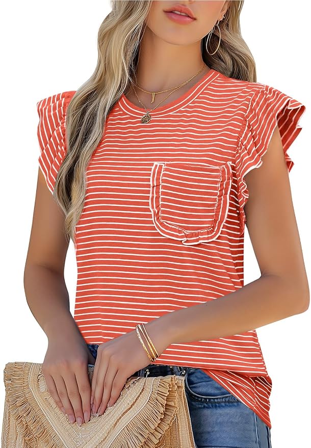 JUSTFASHIONNOW Womens Summer Tops Striped T-Shirts 2026 Ruffle Short Sleeve Crew Neck Casual Blouses with Pocket by Justfashionnow