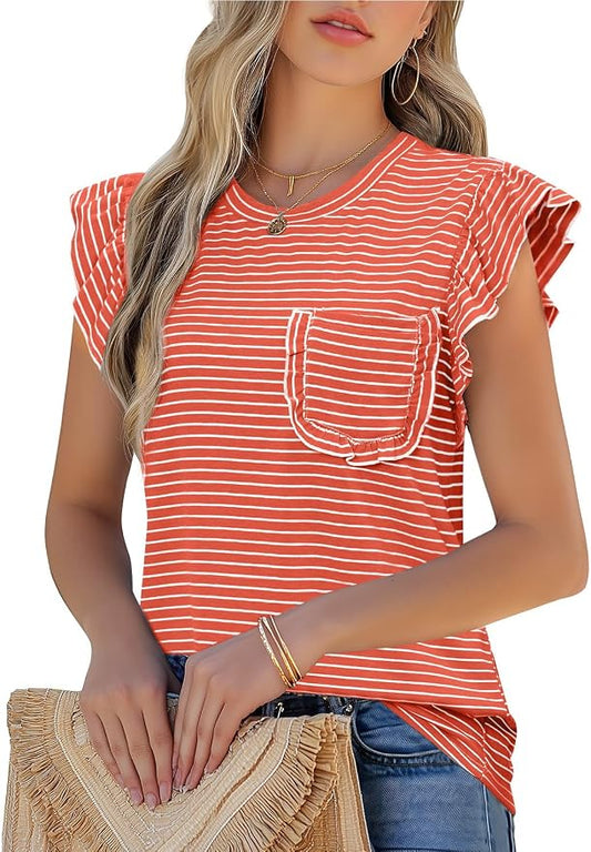 JUSTFASHIONNOW Womens Summer Tops Striped T-Shirts 2026 Ruffle Short Sleeve Crew Neck Casual Blouses with Pocket by Justfashionnow