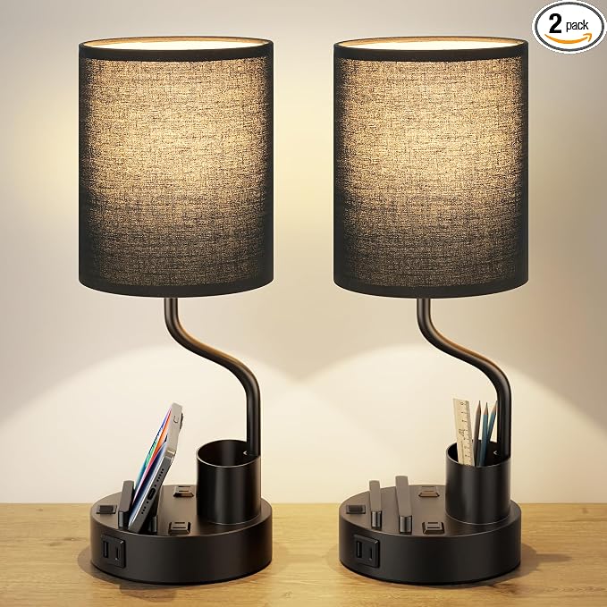 Fenmzee Bedside Lamps for Bedroom Set of 2 - Table Desk Lamp for Nightstand | 15" Table Lamp for Living Room with Pen Holder & Phone Stand, USB A+C Port, AC Outlet, 3 Color Temperature, LED Bulb Included by Fenmzeelighting