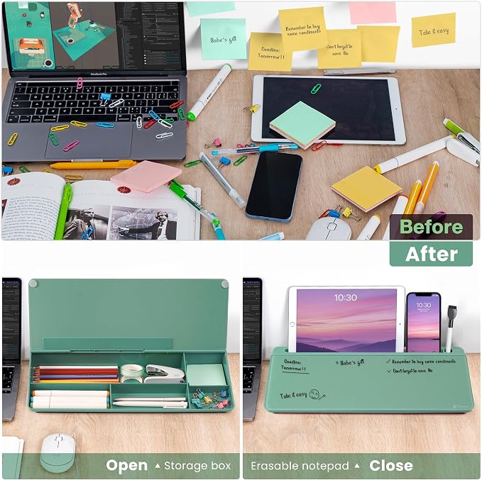 Varhomax Glass Desk Whiteboard with Storage, Desktop Organizer to-do List Memo Notepad Dry Erase White Board for Home Office and School Supplies (Green) - Image 6