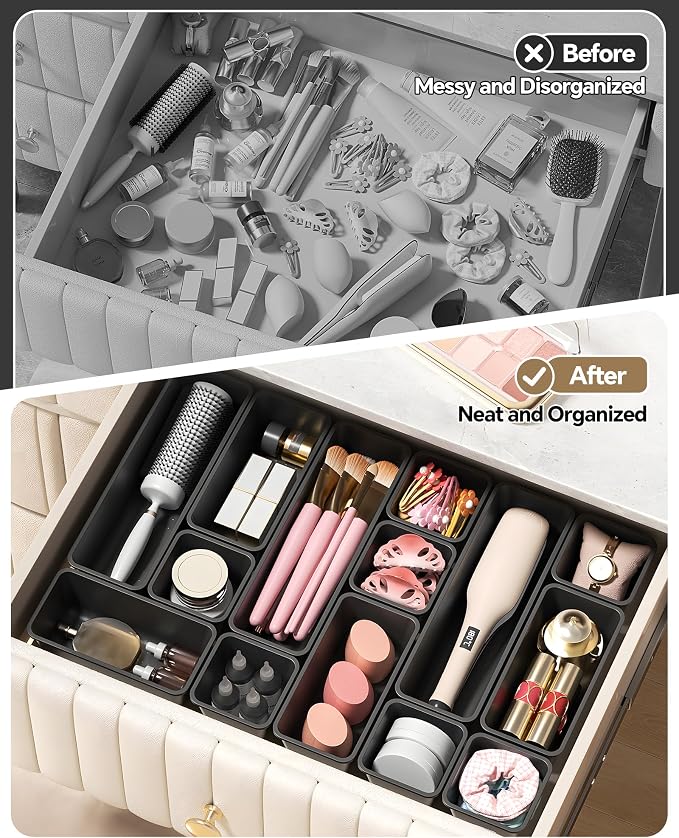 Canfanni 13 Pack Plastic Drawer Organizers Set, 3 Sizes Desk Drawer Organizer Trays for Vanity and Makeup Organizer, Organization and Storage for Makeup, Kitchen Utensils, Bathroom and Office(Black) - Image 4