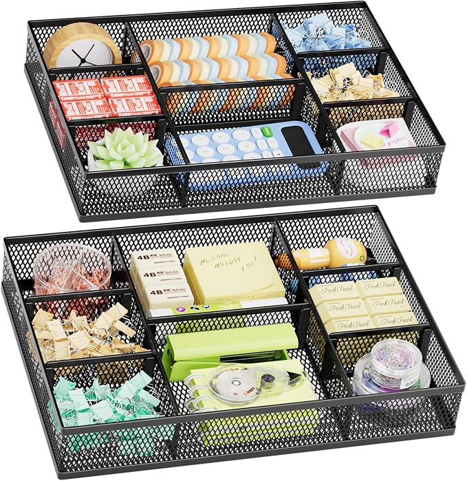 Marbrasse 2 Pack Desk Drawer Organizer, Mesh Drawer Organizer Tray with 8 Adjustable Compartments, Desk Organizers and Accessories, 5 Dividers Drawer for Office Supplies, Makeup & Vanity (Black) by Marbrasse