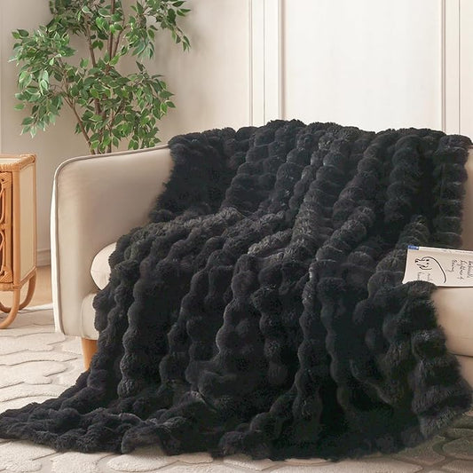 COOVA Faux Fur Throw Blanket for Couch, Cozy Soft and Fuzzy Plush Rabbit Fur Bubble Blanket for Sofa Bedroom Living Room, 50x60 Inches Black by COOVA
