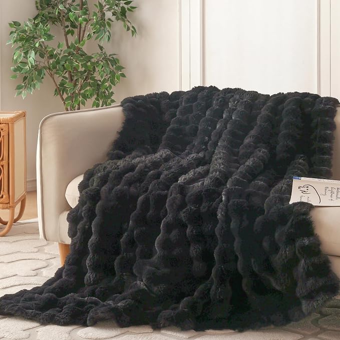 COOVA Faux Fur Throw Blanket for Couch, Cozy Soft and Fuzzy Plush Rabbit Fur Bubble Blanket for Sofa Bedroom Living Room, 60x80 Inches Black by COOVA