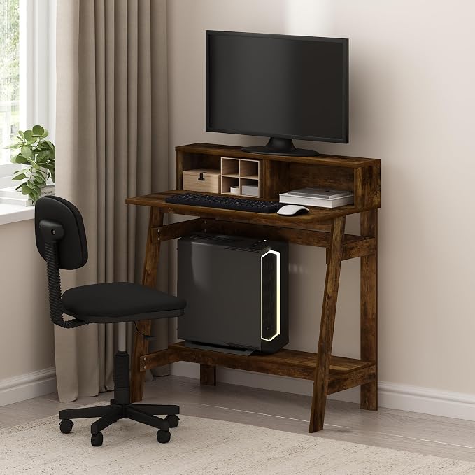 Furinno Simplistic Desk, 32" Wide Gaming Desk with Monitor Stand, A Frame Computer Desk with Shelf, Office Desk for Home Office, Bedroom, Study Room, Dorm, Amber Pine - Image 2
