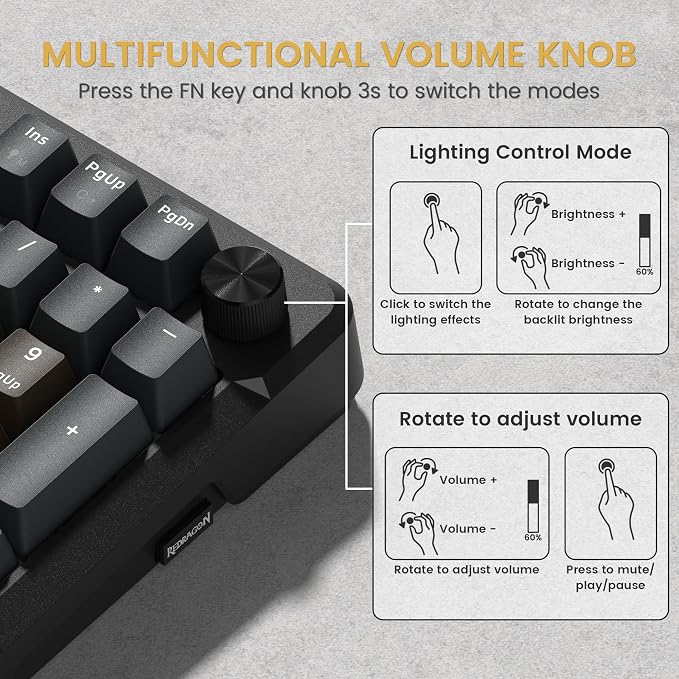 Redragon K742 Wireless Mechanical Gaming Keyboard with Knob, Bluetooth 5.0/2.4GHz/USB C Wired Creamy Keyboard with Number Pad for PC Computer, RGB Backlits, Hot-Swappable with Linear Switches (Brown) - Image 8