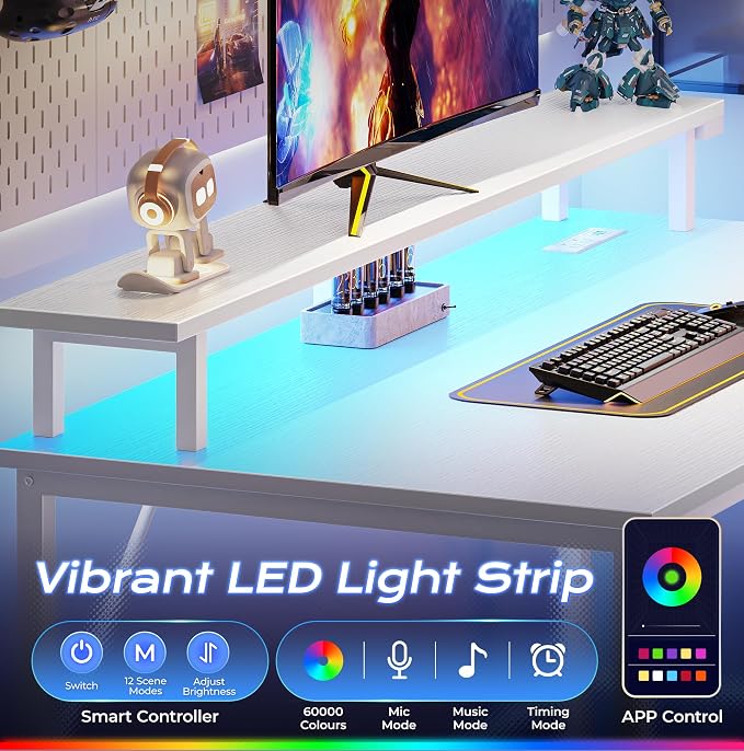 PRAISUN 40 inch Gaming Desk, LED & Power Outlets, Monitor Stand, White | Sturdy PC Desk for Home Office, Study & Work, LED Lights, 4 AC Outlets & USB-C Charging Station - Image 6