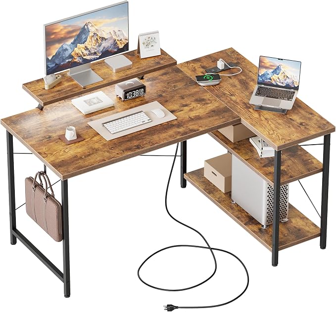 Mericonia 48 in Corner Desk with Monitor Stand, Small L Shaped Gaming Desk | Reversible Computer Desk with Power Outlets, LED Light & Storage Shelves, Office Table for Home Bedroom Study Work Writing by MERICONIA
