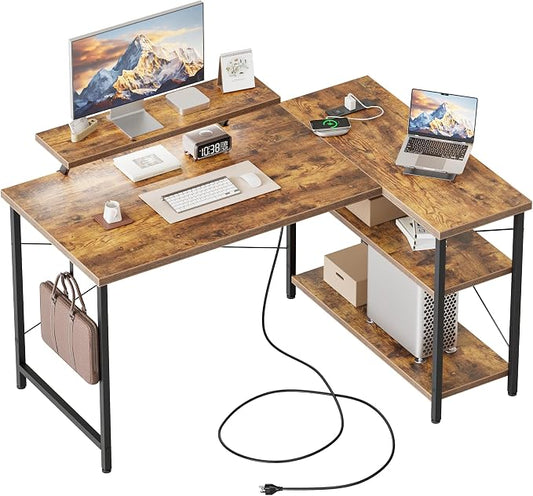 Mericonia 48 in Corner Desk with Monitor Stand, Small L Shaped Gaming Desk | Reversible Computer Desk with Power Outlets, LED Light & Storage Shelves, Office Table for Home Bedroom Study Work Writing by MERICONIA