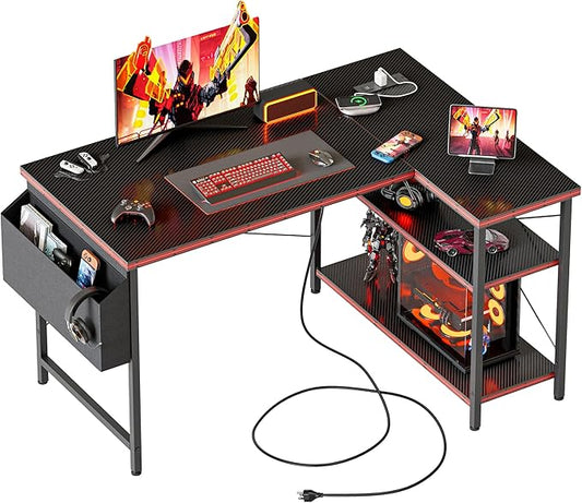 Mericonia 39 inch Corner Desk with Shelves, Small L Shaped Gaming Desk | Reversible Computer Desk with Power Outlets & Storage Bag, Office Table for Home Bedroom Study Work Writing by MERICONIA