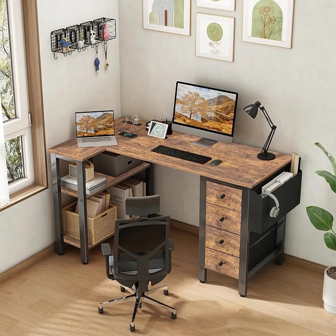 Lufeiya L Shaped Desk with Drawers & Storage Shelves, 47 Inch Small Reversible Corner Desk with Power Outlet for Home Office Bedroom, L-Shaped Gaming PC Computer Desks with Fabric Drawer, Rustic Brown - Image 2