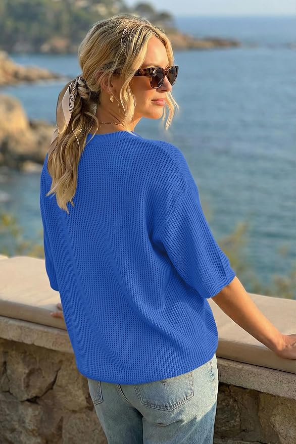 Arach&Cloz Womens Summer 100% Cotton Oversized Crochet Tops 3/4 Length Sleeve Sweater Hollow Out Casual Blouses 2026 - Image 3