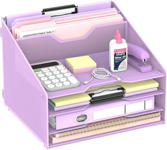 Desk File Organizer, 4 Letter Trays and 2 Upright Sections, Purple | Paper Organizer for Desk with Tiered Letter Trays and Vertical File Holders for Home Office, School and Workspace Use by Unknown