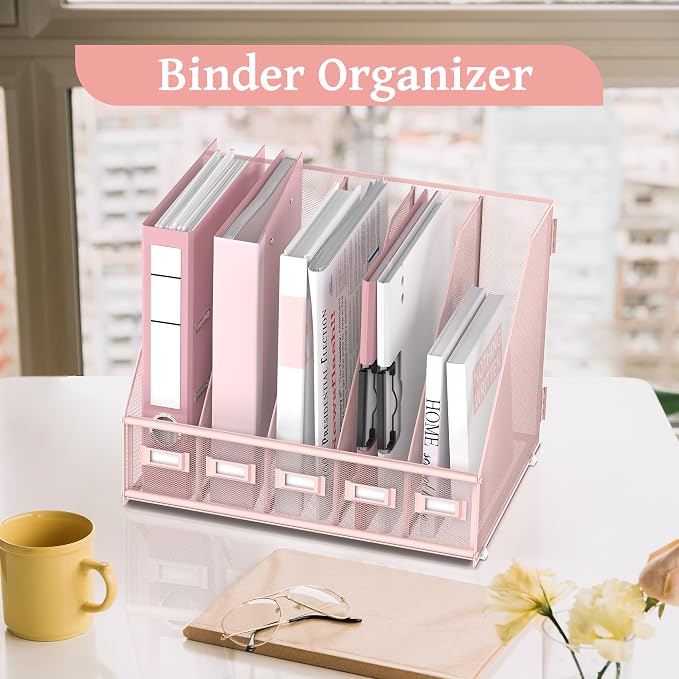 SUPEASY Desk Organizers Metal Desk Magazine File Holder with 5 Vertical Compartments Rack File Organizer for Office Desktop, Classroom, Home Workspace, Pink Plus - Image 2