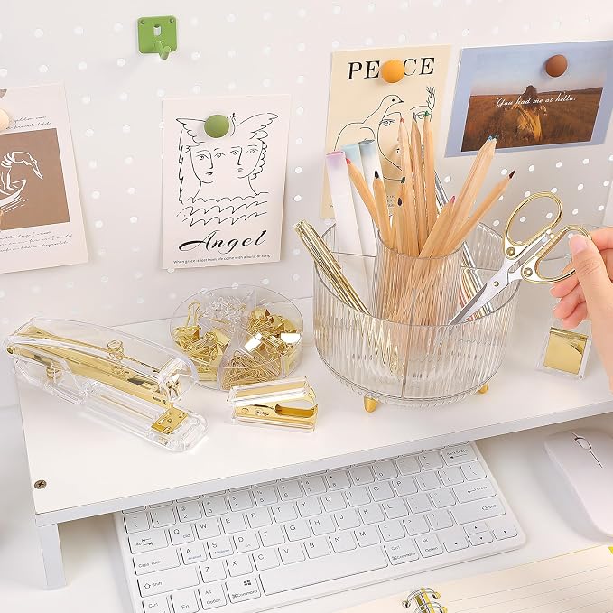 SKYDUE Gold Office Supplies Set, Pencil Holder for Desk,Gel Pen, Stapler, Tape Dispenser, Scissors,Clips and 1000pcs Staples, Office Decor for Women, Gold Desk Accessories - Image 2