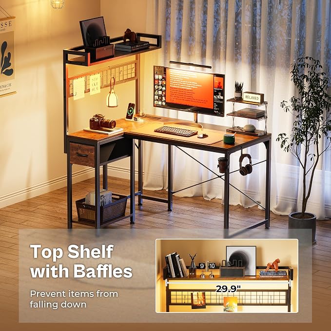 PRAISUN L Shaped Gaming Desk with Shelves, Corner Computer Table with LED Lights, Power Outlets and USB-C Ports, 42 Inch Reversible Home Office Desk with Storage Drawer, Work and Study, Rustic Brown - Image 7