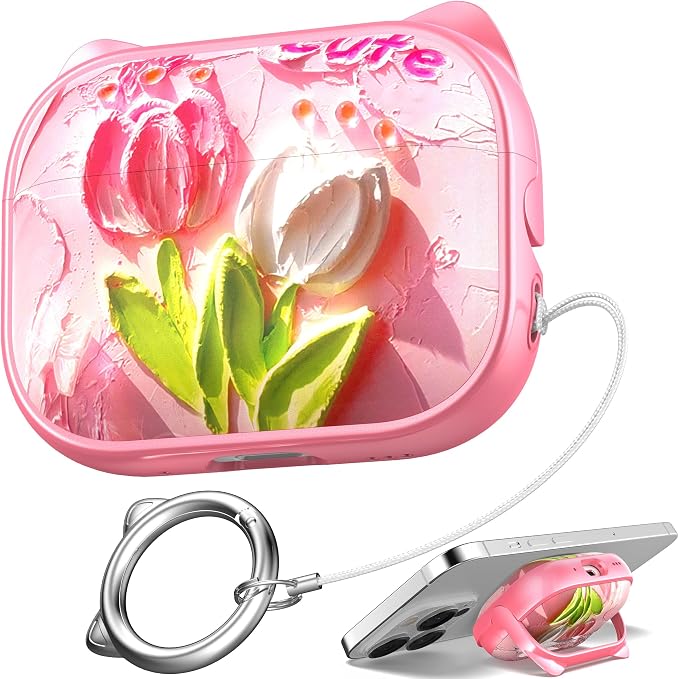 for AirPods Pro 2 Case with Cleaning Kit, Cute Cat Ear Print Design & Cute Buckle for Girls, Phone Holder & Top Safe Lock Buckle Design for AirPods Pro 2nd/1st Gen case, Tulip by MHYALUDO