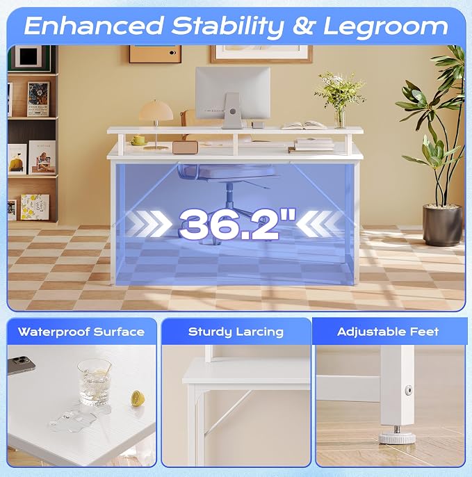 PRAISUN 40 inch Gaming Desk, LED & Outlets, Monitor Stand, Rustic Brown | Sturdy PC Desk for Home Office, Study & Work, LED Lights, 4 AC Outlets & USB-C Charging Station - Image 8