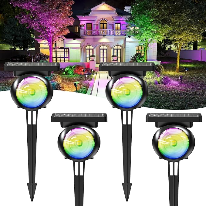 Focusing Solar Spot Lights Outdoor Waterproof, RGB+3CCT Tree Uplights 4Pack | Multicolor Focused Lens Spotlight, Dusk-to-dawn Light, Stake or Wall Mounting for Yard Landscape Garden Path Halloween Decor by Unknown