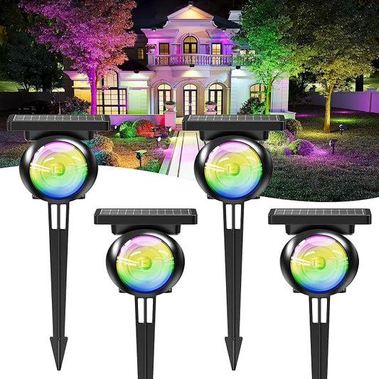 Focusing Solar Spot Lights Outdoor Waterproof, RGB+3CCT Tree Uplights 4Pack | Multicolor Focused Lens Spotlight, Dusk-to-dawn Light, Stake or Wall Mounting for Yard Landscape Garden Path Halloween Decor by Unknown