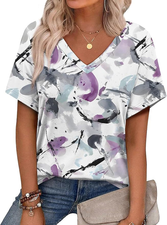 Alaroo Womens Summer Tops 2026 V Neck Short Sleeve Shirts Trendy Dressy Casual Vacation Outfits Printed by Alaroo