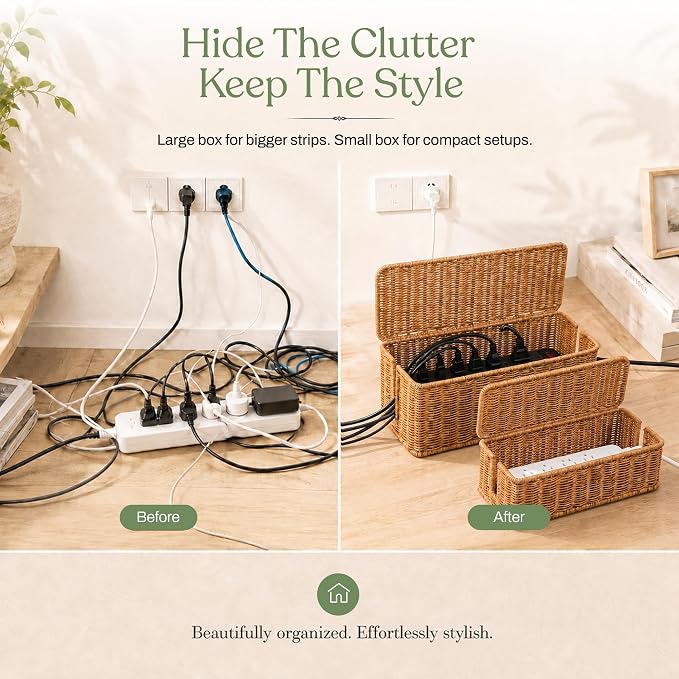 Cable Management Box Set of 2 Sizes, Handmade Rattan Cable Organizer with 2 Open Slots, Cord Hider for Power Strip, Router & USB Hub, Registered U.S. Design Patent (D1,112,102), Natural - Image 4