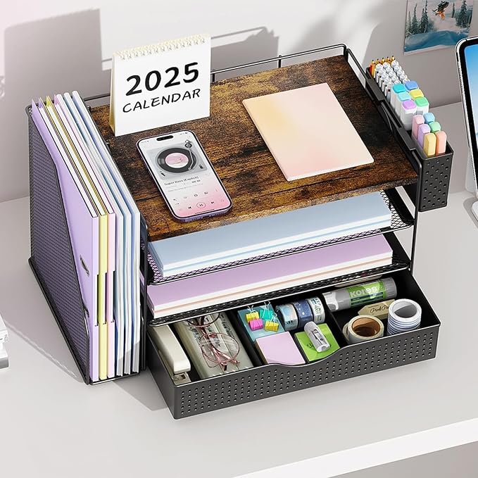 gianotter Wood Desk Organizers and Accessories with File Sorters, 4-Tier Desk Accessories & Workspace Organizers with Drawer and Pen Holder, Desk Reference Organizer (Wood, 4T with Drawer) - Image 6