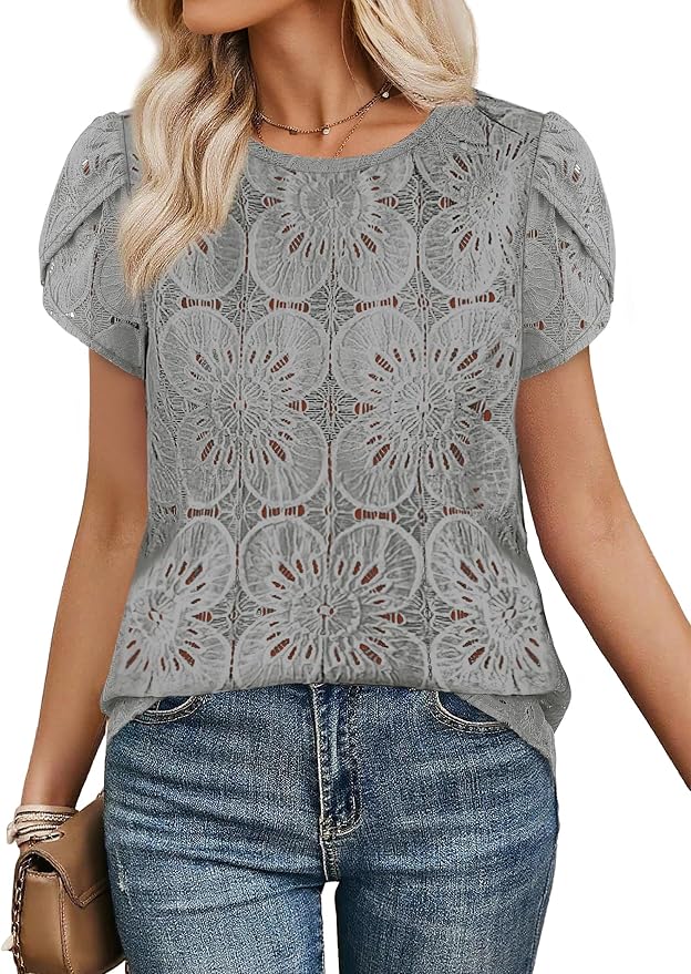 OFEEFAN Blouses for Women Dressy Casual Petal Short Sleeve Shirts Crochet Lace Boho Tops Spring Fashion Summer Outfits - Image 2