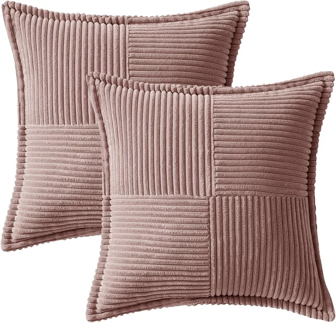 MIULEE Blush Pink Corduroy Decorative Euro Sham Pillow Covers 24x24 Inch with Splicing Set of 2 Soft Boho Pillow Covers Broadside Textured Pillowcases for Couch Bed Livingroom - Image 6