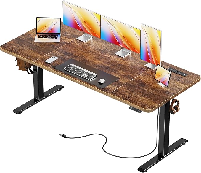 Huuger 63 X 24 Inch Electric Standing Desk with Power Outlets and USB-C Port, Height Adjustable Desk, Sit Stand Desk for Home Office, Computer & Gaming Desk with 4 Presets, Rustic Brown by Huuger