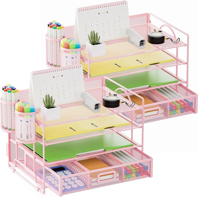 Marbrasse Desk Organizer, 4-Tier Paper File Letter Tray, Pink-2P | Sturdy Paper Tray, File Holder, Built-in Drawer, 2 Pen Slots, fits Letters/Files, for School Home Office Supplies by Marbrasse
