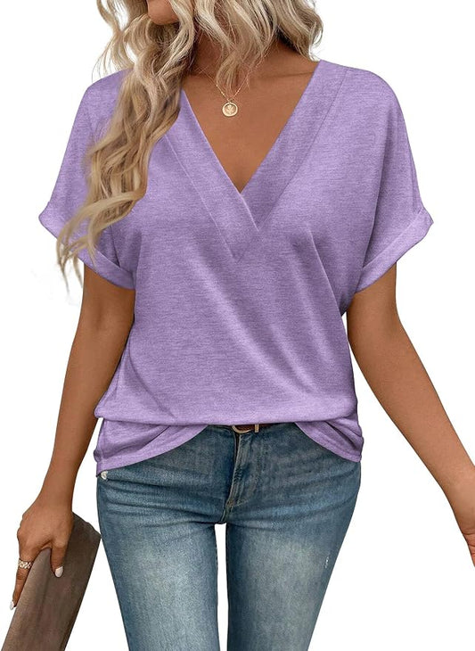 T Shirts Short Sleeve V Neck Tees Womens Tops Beach Vacation Fashion Clothes 2026 Casual Summer Spring Fall Outfits by EyMuseWomensTops