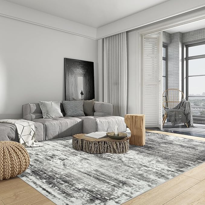 5x7 Area Rugs Washable Rug: Modern Abstract Living Room Rug Soft Anti-Skid Thin Carpet Indoor Floor Non-Shedding Carpets for Bedroom Dining Room Farmhouse Nursery Home Office - Black Grey - Image 3