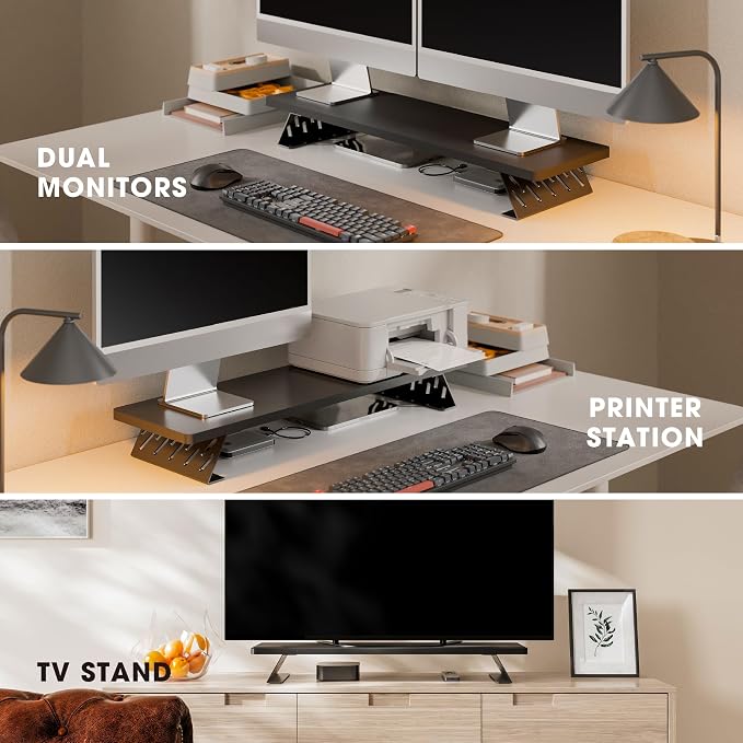 Fenge Monitor Stand Riser, 31.5 Inch Desk Top Shelf for 2 Monitors, Computer Stands for Desk, Wood & Steel Desktop Riser for Laptop, PC, Printer - Image 7
