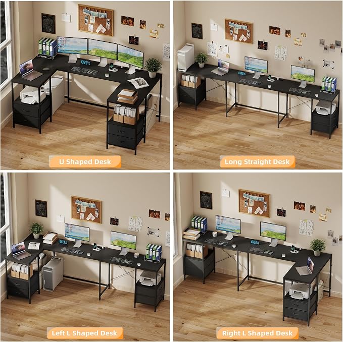 YOSHOOT 67" U Shaped Computer Desk, Reversible L Shaped Gaming Desk | Corner Desk with Power Outlets, 4 Drawers, 2 Storage Shelf, Computer Table with 4 Installation Methods, Black - Image 4