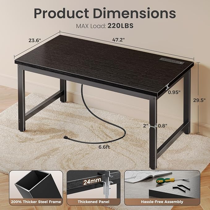 Huuger 48 x 24 inch Desk with Power Outlets & USB-C, Deeper & Thicker Desktop, Robust Metal Tubes, Computer Desk, Heavy Duty Office Desk, Work Gaming Desk for Home Office, Black - Image 2