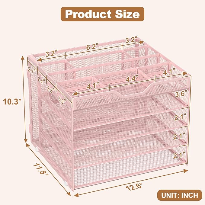 Docnest 5 Tier Desk Organizer with Hanging File Folder Holder&Tray, Pink | Features 3 detachable pen holders and 4 removable dividers.Versatile mesh desktop storage for mail, document,office supplie - Image 2