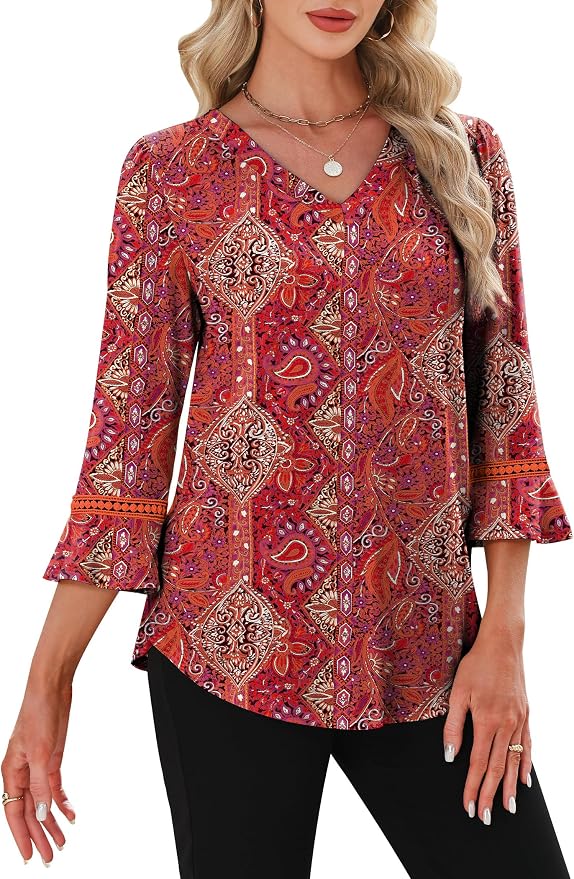 WIHOLL Womens Blouses Dressy Casual 3/4 Length Sleeve Tops Lace Trendy 2026 Spring Summer V Neck Shirts Vacation Outfits - Image 3