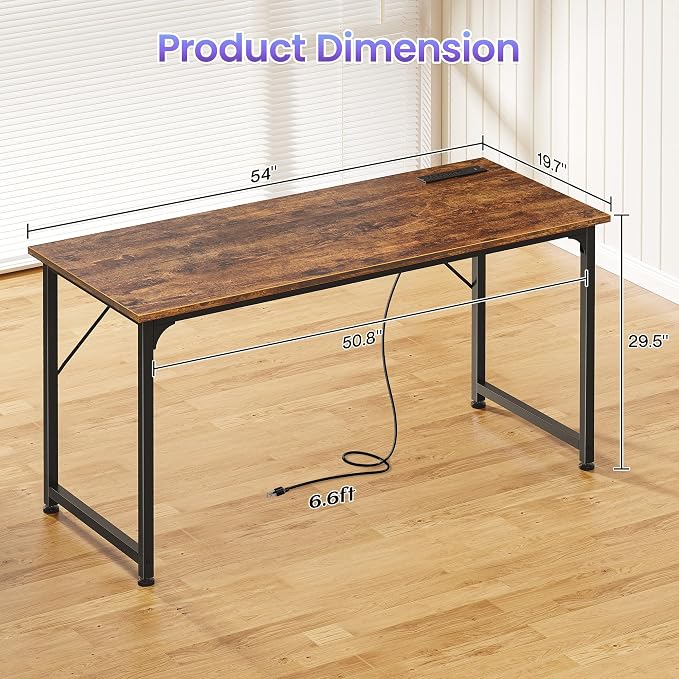 PRAISUN 55 X 20 Inch Computer Desk, Power Outlets, USB-C, Rustic Brown | Office Desk with 4 AC Outlets, USB & USB-C, Sturdy Metal Frame, Spacious Desktop for Work, Writing, Study & Gaming - Image 3