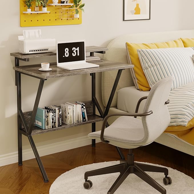 COTUBLR Small Desk, Small Computer Desk for Small Spaces, 27.5 Inch Computer Desk with Adjustable Monitor Stand, Compact Desk with Storage, Tiny Desk Study Desk for Bedroom Home Office, Grey - Image 7