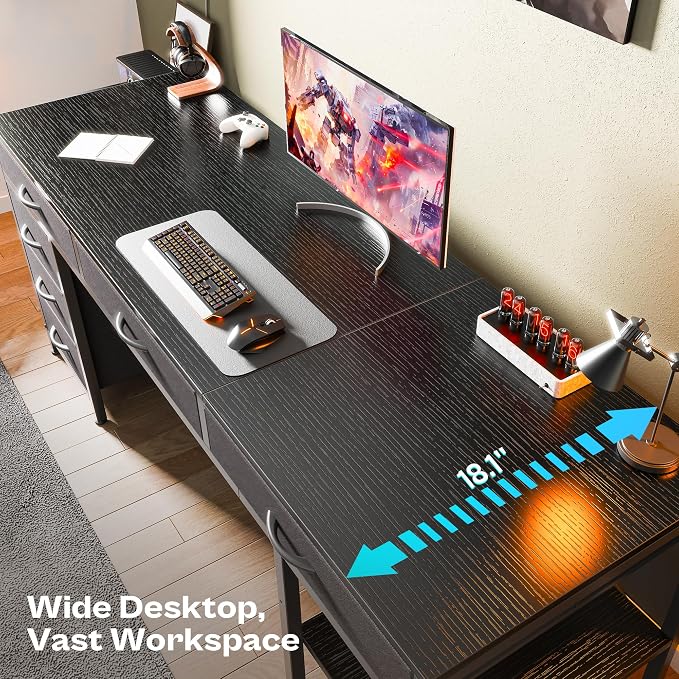 Huuger Computer Desk with 6 Drawers, Office Desk with Shelves, Reversible Gaming Desk, Corner Desk with Storage, Work for Home Office, Study, Living Room, 63inch, Black - Image 5