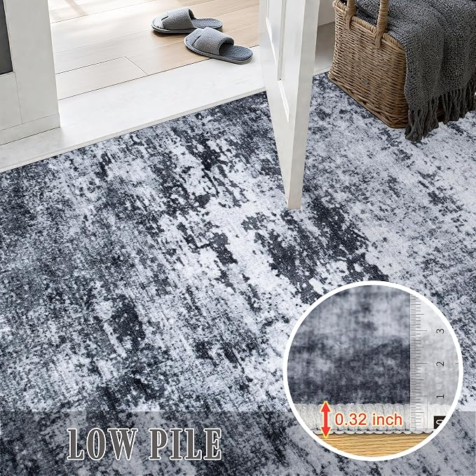 4x6 Area Rug Living Room Rug: Washable Modern Abstract Soft Thin Rug Indoor Floor No Slip Stain Resistant Carpet for Bedroom Dining Room Farmhouse Nursery Home Office - Black - Image 8