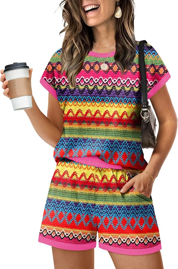 WIHOLL Two Piece Sets for Women Summer Lounge Short Sets Cap Sleeve Crew Neck Sweatsuit with Pocket XS-2XL by WIHOLL